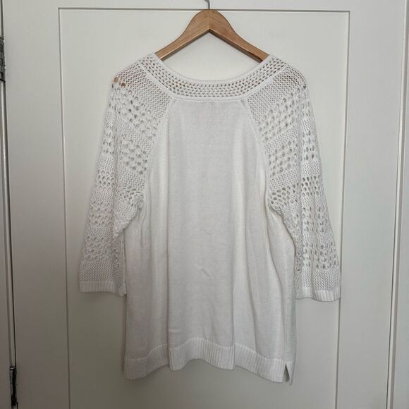 J Jill Top Womens Sz L White Crochet Knit Lace 3/4 Sleeve V Neck Beach Coastal - Picture 5 of 11